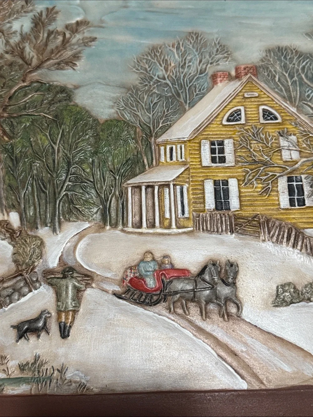 Vintage Peany Winter Village Brown Frame, Yellow House Artwork 15.5” x 13”